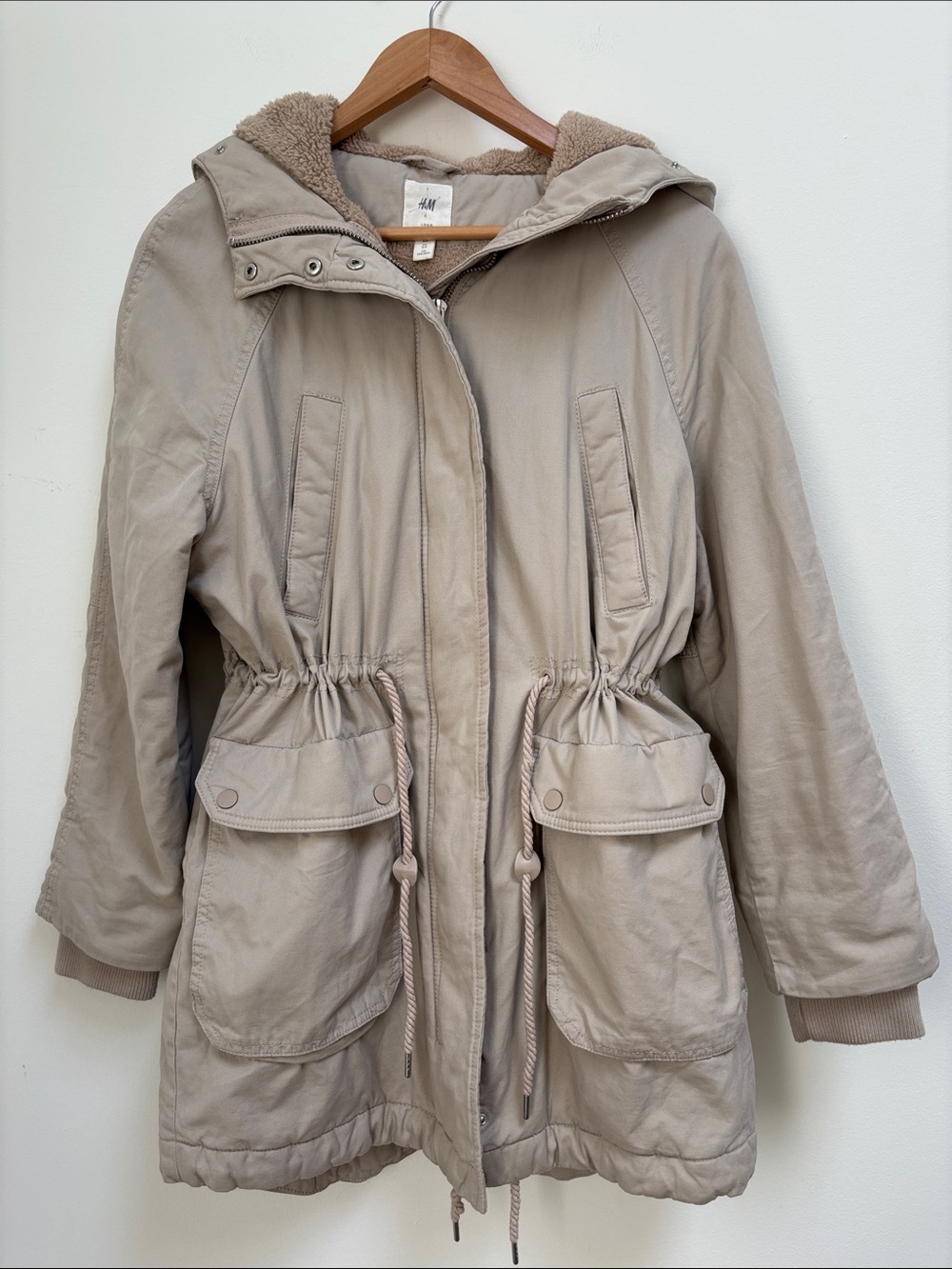 H&M 100% Cotton Beige Hooded Utility Parka with Drawstring Waist!